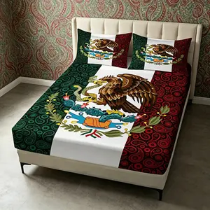 Mexican Flag Inspired Fitted Sheet Set, 3 Pieces, Includes 1 Fitted Sheet + 2 Pillowcases, Paisley Eagle Emblem Pattern, Perfect Cultural Gift for Teens, Adults, Bedroom Decor