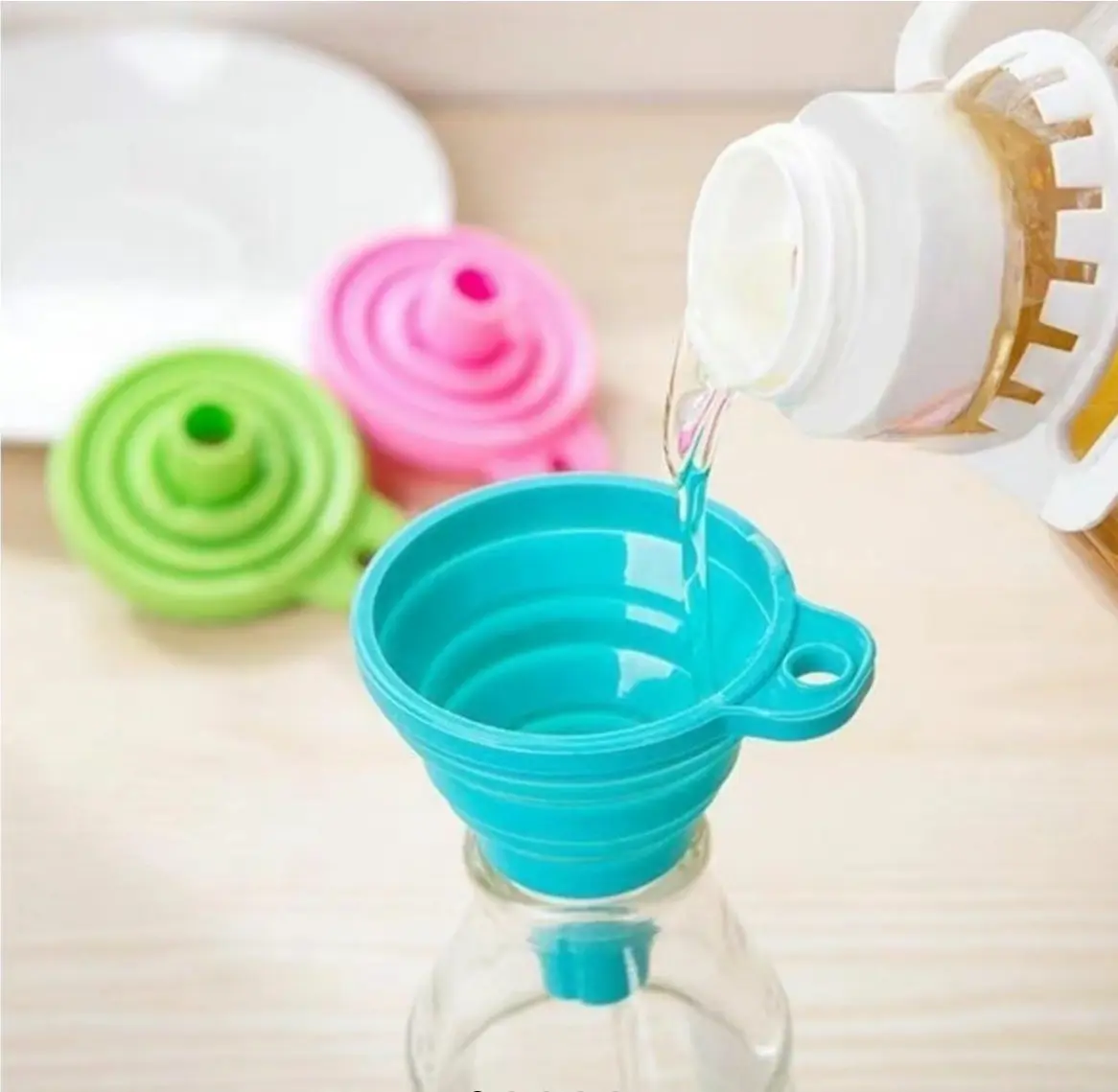 3-Pack Collapsible Silicone Funnel Set - Lightweight, Compact Foldable Kitchen Utensils for Bottles, Cooking (Blue, Green, Pink)