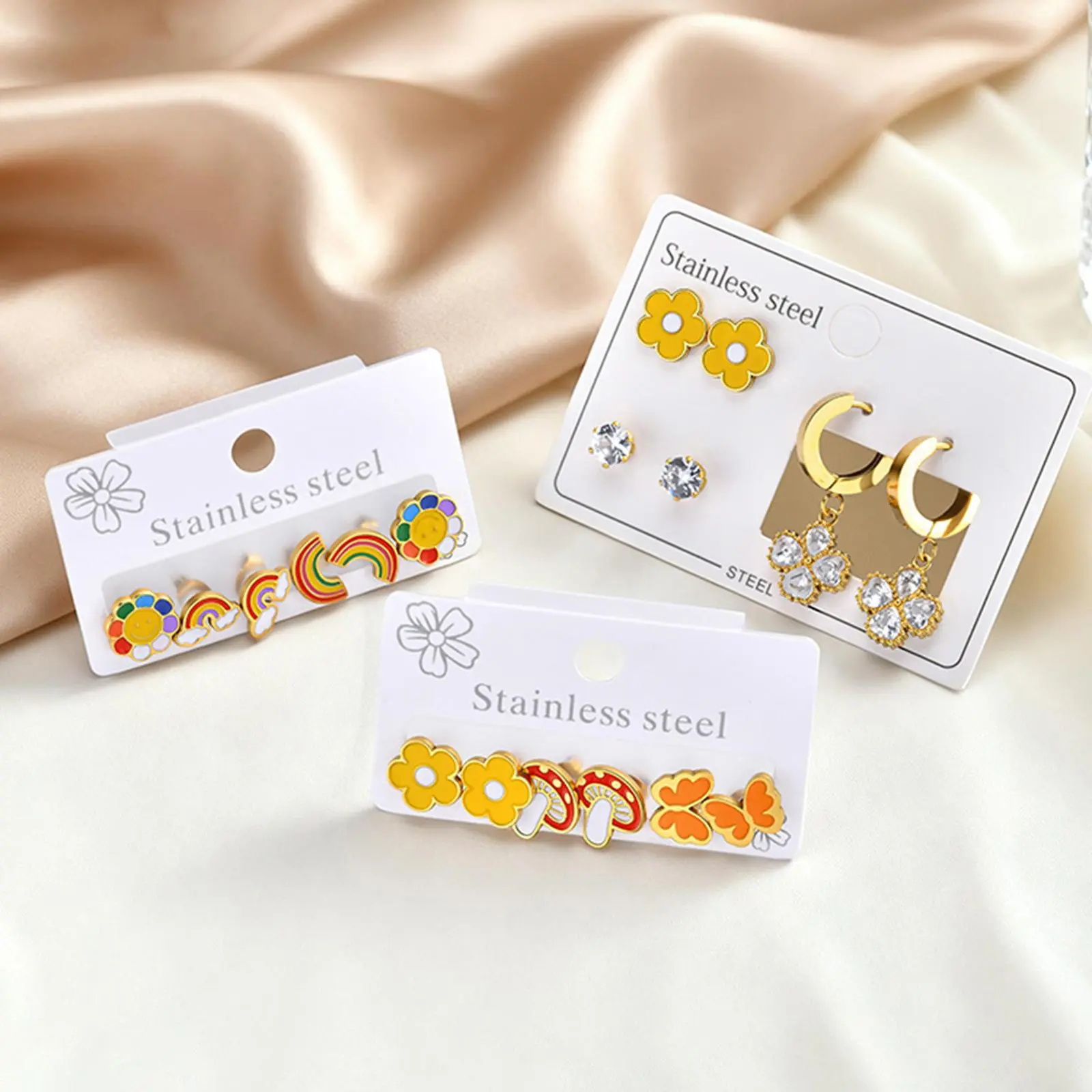 Vnox 3pairs/Set Sweet Dripping Oil Enamel Flower Mushroom Butterfly Charms Stud Earrings for Girls, Cute Enamel Earrings Jewelry