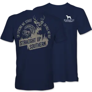 Straight Up Southern Strut and Rut Turkey & Whitetail Buck Hunting T-Shirt Navy 100% Cotton Classic Fit