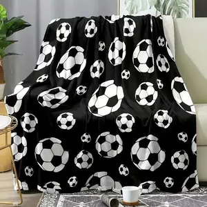 Soccer Ball Throw Blanket - Black & White Soccer Pattern, All-Season Lightweight Flannel-like Softness, Hypoallergenic Bedspread/ Couch Cover for Sports Fans, Game Room, Dorm, Travel - Easy Care Machine Washable Polyester Blanket, Dorm Essentials