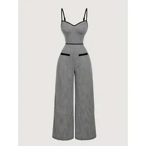 ZLLZ Color-Block Houndstooth Jumpsuit, Adjustable Straps And Ruched Waist, Plaid Pattern, Black And White Contrast, Waist-Cinching Csole Jumpsuit, Cup-Shaped Bust, Women'S Casual Fashion Wear