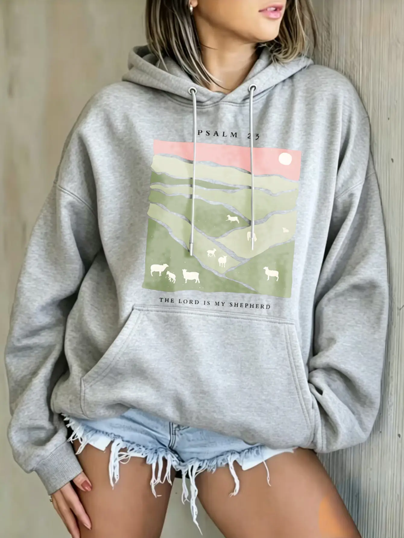 Psalm 23 The Lord Is My Shepherd Graphic Hoodie Women Front Back Printed Christian Sweatshirt Landscape Sheep Aesthetic Faith Apparel Thin Fleece Soft Polyester Loose Fit Hooded Tops Light Grey Casual Fall Outfits Gift