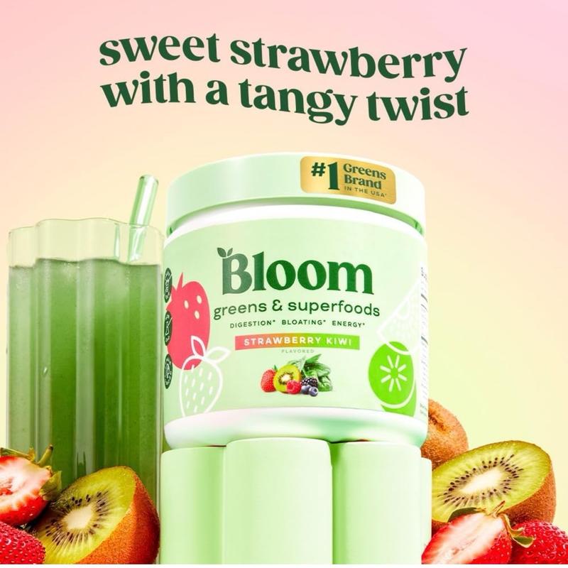 Bloom Nutrition Greens and Superfoods Powder for Digestive Health, Greens Powder, Digestive Enzymes, Probiotics, Spirulina, Chlorella for Bloating & Gut Support, Green Juice, 30 SVG, Strawberry Kiwi