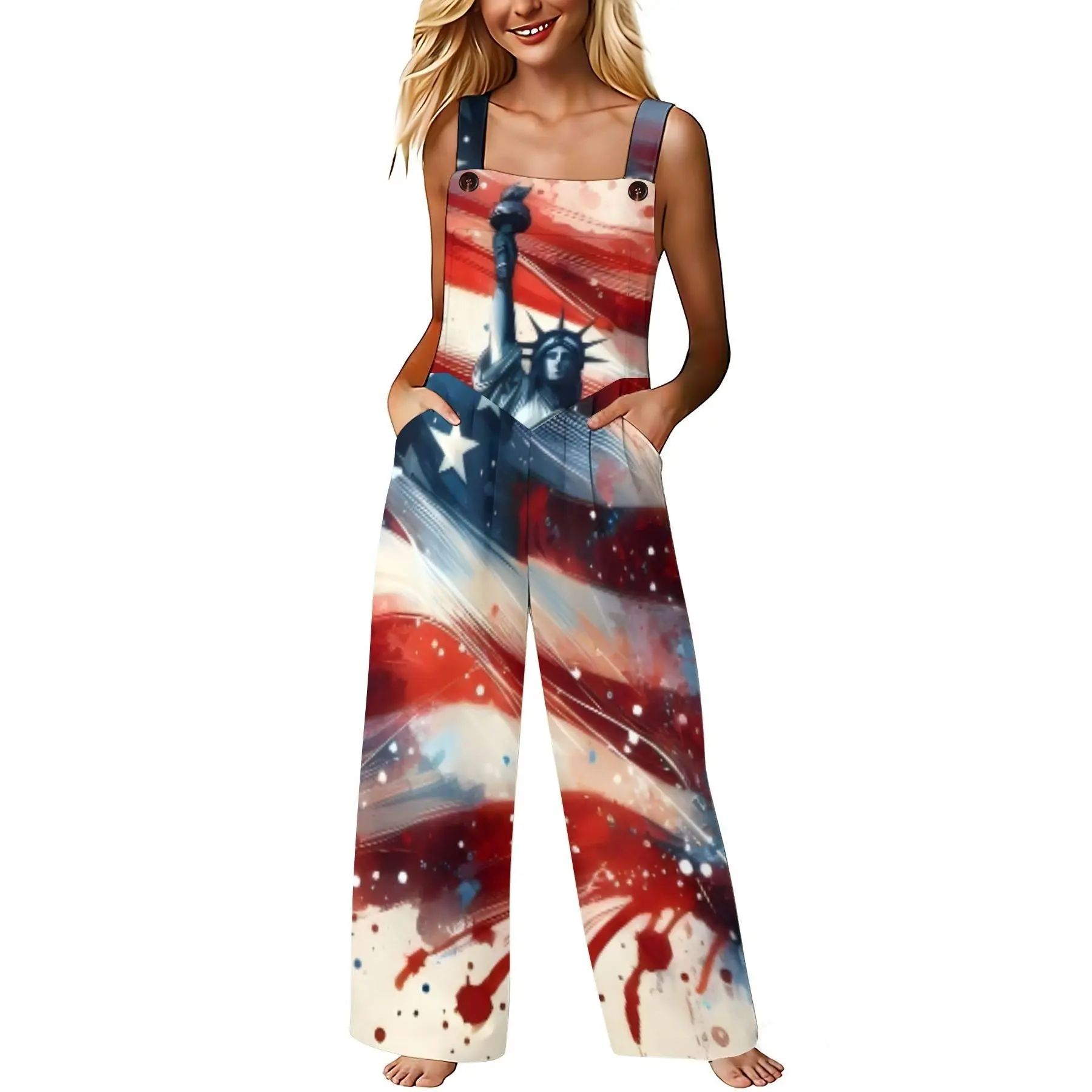 Womens American Flag Statue Of Liberty Print Spaghetti Strap Wide Leg Jumpsuit With Side Pockets Soft Lightweight Casual Loose Fit Patriotic 4th Of July Holiday Party Beach Vacation Overalls