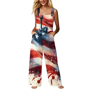 Womens American Flag Statue Of Liberty Print Spaghetti Strap Wide Leg Jumpsuit With Side Pockets Soft Lightweight Casual Loose Fit Patriotic 4th Of July Holiday Party Beach Vacation Overalls
