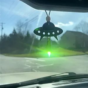 Alien Spaceship Car Charm with Crystal Light Beam, Sun Catcher, Auto Rear View Mirror Accessories, New Car Gift, Women Festival Rave Decor