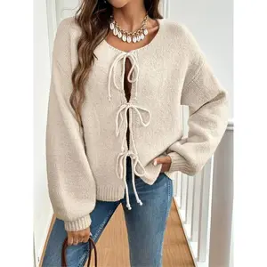 Women's Tie Front Knit Cardigan, Cute Long Sleeve Bow Knot Sweater, Y2K Aesthetic Top for Spring, Coquette Clothes