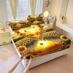 Romantic Sunflower Heart Fitted Sheet Set, 3Pcs, Vibrant Digital Print Bedding Set, Soft and Comfortable Bedspreads, Perfect for Cozy Bedroom Decor and Nature Lovers, Includes 2 Pillowcases, No Pillow Core