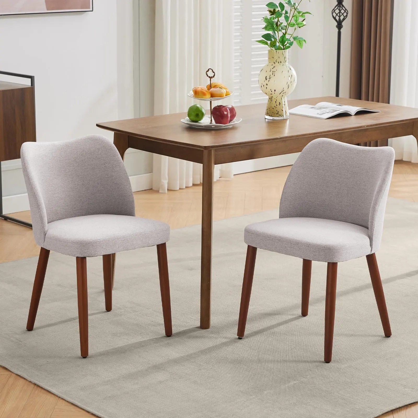Garvee Linen Dining Chairs Set of 2 - Upholstered Fabric Kitchen Chairs with Wing Backrest, Thick Cushions, Sturdy Wood Legs, and Leveling Feet for Dining and Living Rooms