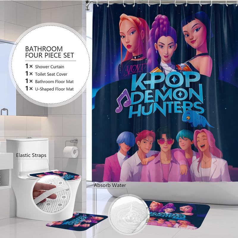 K-POP Demon Hunters Bathroom Set, Waterproof Shower Curtain with Hooks, Non-Slip Bath Rug, U-Shaped Toilet Mat, Toilet Lid Cover, Bathroom Decoration Accessories