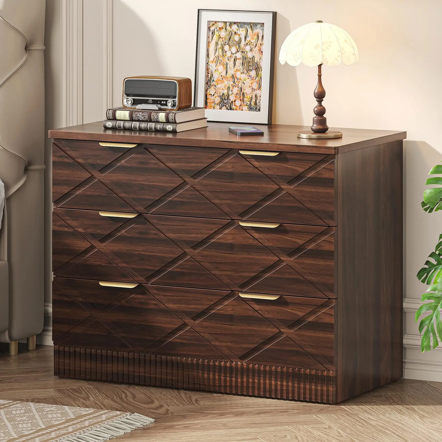 Bedside Cabinet 32" Wide Modern Walnut Nightstand with 3 Storage Drawers & Carved Diamond Design, Bedroom Bedside Cabinet, Multi-Functional Side Table for Living Room or Closet