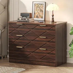 Large Modern Nightstand, 32" Wide Side Table with 3 Storage Drawers, Walnut Night Stand with Carved Diamond Design, Bedside End Table for Bedroom, Living Room, Closet