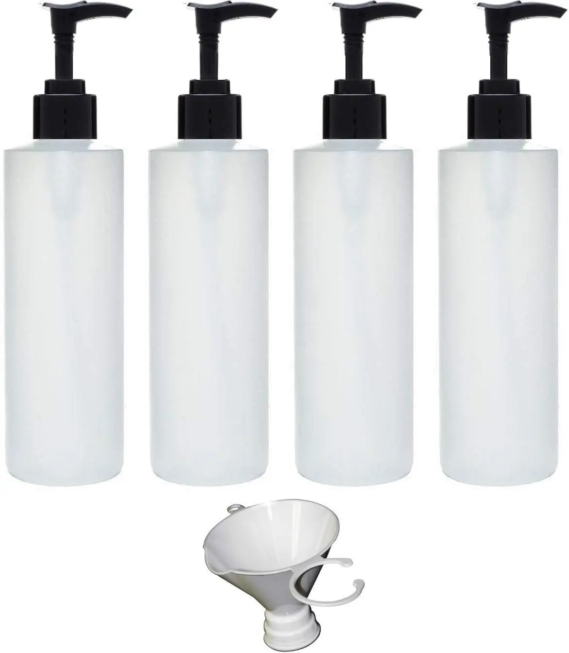 Earth's Essentials Four Pack of Refillable 8 Oz. HDPE Plastic Pump Bottles with Patented Screw On Funnel-Great for Dispensing Lotions, Shampoos and Massage Oils.