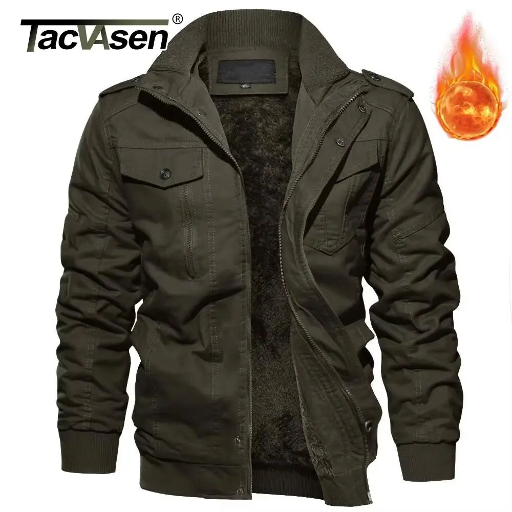 Men's Khaki Cotton Longsleeve Collared Neck Heavy Jacket - Warm Thermal Heavyweight Fleece Lined, Windproof, Rib Cuffs, Pockets, Polyester, Regular Length, Zipper Front, Minimal Decoration, Safari Tops Outerwear