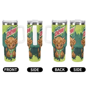 TAPPEDIN - Mountain Dew Tumbler With Handle Straw 40oz Stainless Steel, Mug Cute Baby Cow Graphics, Mountain Landscape Design, Dew The Moo Adorable Highland Cow Mtn Dew 40oz Travel Cup, The Perfect Gift For Soda Lovers & Farm Animal Fans