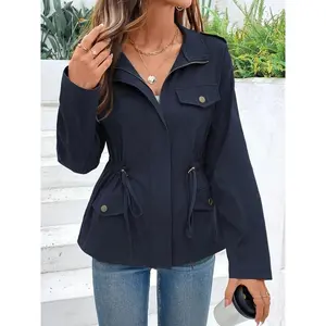 A ladies' navy blue fitted zipper jacket for casual wear, highly versatile