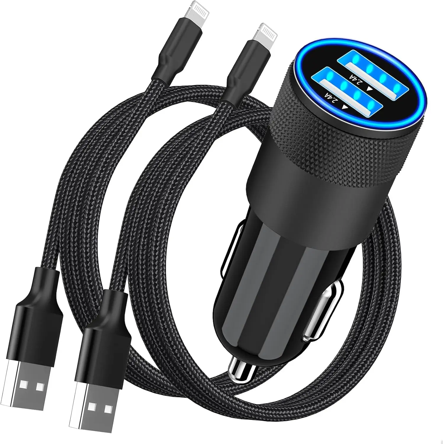 MFi Certified Intelligent Charging iPhone Car Charger - 4.8A Dual USB-A Cigarette Lighter Adapter with 2-Pack Braided Lightning Cables, 4x Speed for iPhone 14,13,12,11 Pro,XS Mini,XR,SE & iPad, USB Car Charging Solution, Iphone Xr