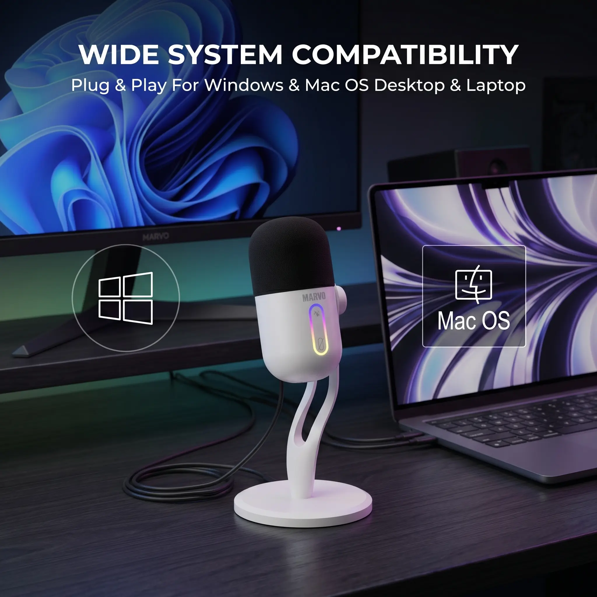 Esports USB Condenser Microphone for Laptop Gaming, Live Stream - Sturdy ABS Metal Spray-Paint Body, Freely Adjustable Front-Rear Support Bracket, Flowing RGB Marquee Lighting, Green-Lit Noise Reduction & Red-Light Mute Touch Keys, Low-Impedance Mic Head