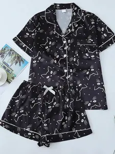 2pcs Women’s Black Kitty Print Pajama Set, Lapel Short Sleeve Button-Up Shirt with Pocket and Bow Shorts, Cute Sleepwear for Summer Home DEL1