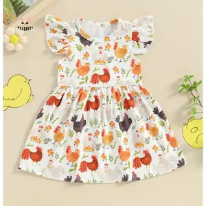 Toddler Girls Dress Farm Rooster Hen Print Fly Sleeve Crew Neck Baby Dress Summer Casual Princess Dres
