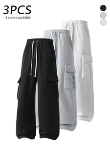 3-pack men’s cargo jogger pants with wide legs, adjustable drawstring elastic waistband, skin-friendly soft fabric, side pocket design