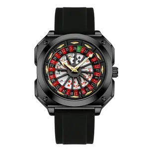 Men's Quartz Watch with Roulette Wheel Design, Creative Las Vegas Casino Poker Theme Dial, Square Black IP Case Sports Wristwatch with Silicone Strap