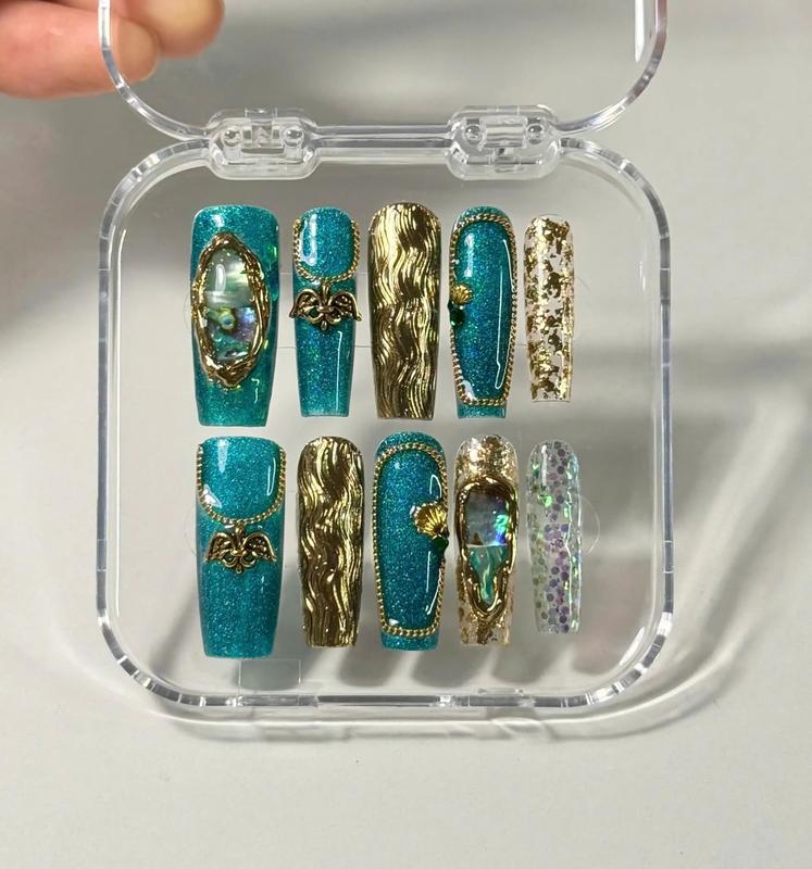 Nailchemy - Mermaid Press On Nails, Long Coffin Shape, 3D Shell & Wave Design, Teal Base With Gold Glitter, Magical Ocean Inspired Style