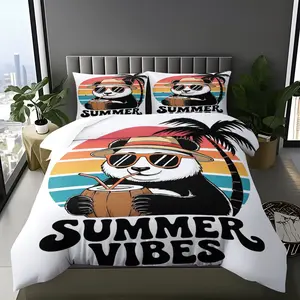 Retro Rainbow Panda Summer Vibes Duvet Set, 1 Duvet Cover & 1/2 Pillowcases, Beach Vacation Gift, Teen Room Bedroom Decor