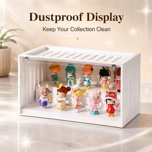 Container Style Blind Box Display Case, Magnetic Door Dustproof Figure Organizer, Stackable Pop Mart Doll Storage Box for Desk Collectibles