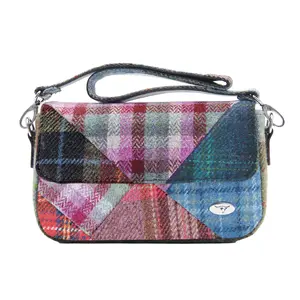 Authentic Glen Appin Harris Tweed Clunie Ladies Patchwork Bag. Premium Scottish wool multi-color plaid crossbody purse with detachable shoulder strap. Elegant vintage small tote handbag for women, unique everyday satchel. Genuine Orb quality.