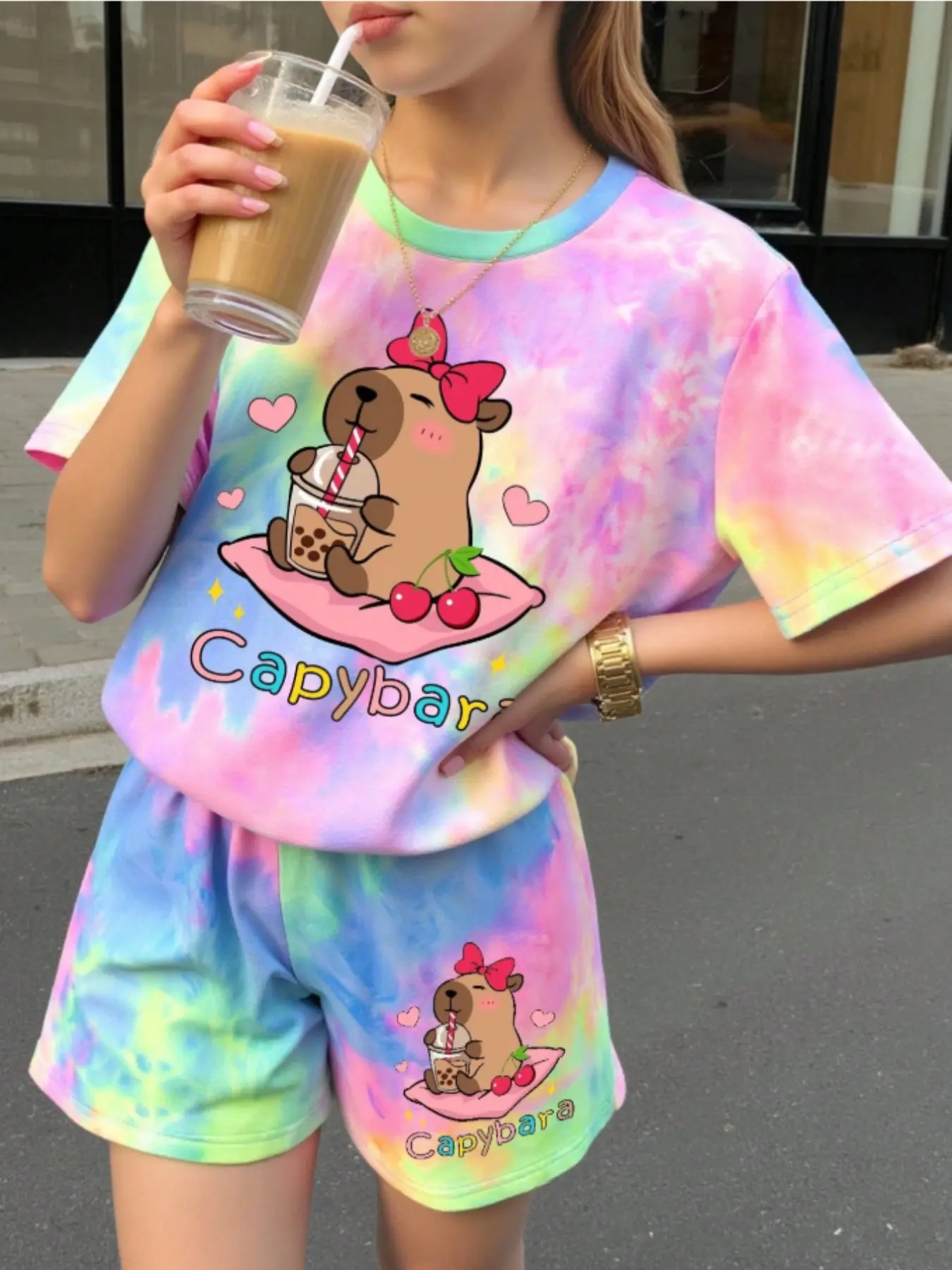 Teen Girls Casual Water Polo Pattern Set, Pastel Cute Pajamas, Cherry Bow Tie Design, Summer Short Sleeve Top & Shorts, Cute Youth Sleepwear, Print Pajama Set, Summer Pjs