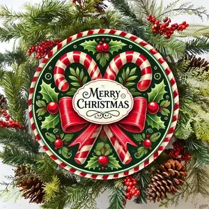 Christmas Candy Cane Garland Metal Sign, Round Iron Art Home Holiday Wall Decor, Festive Hanging Decoration for Christmas