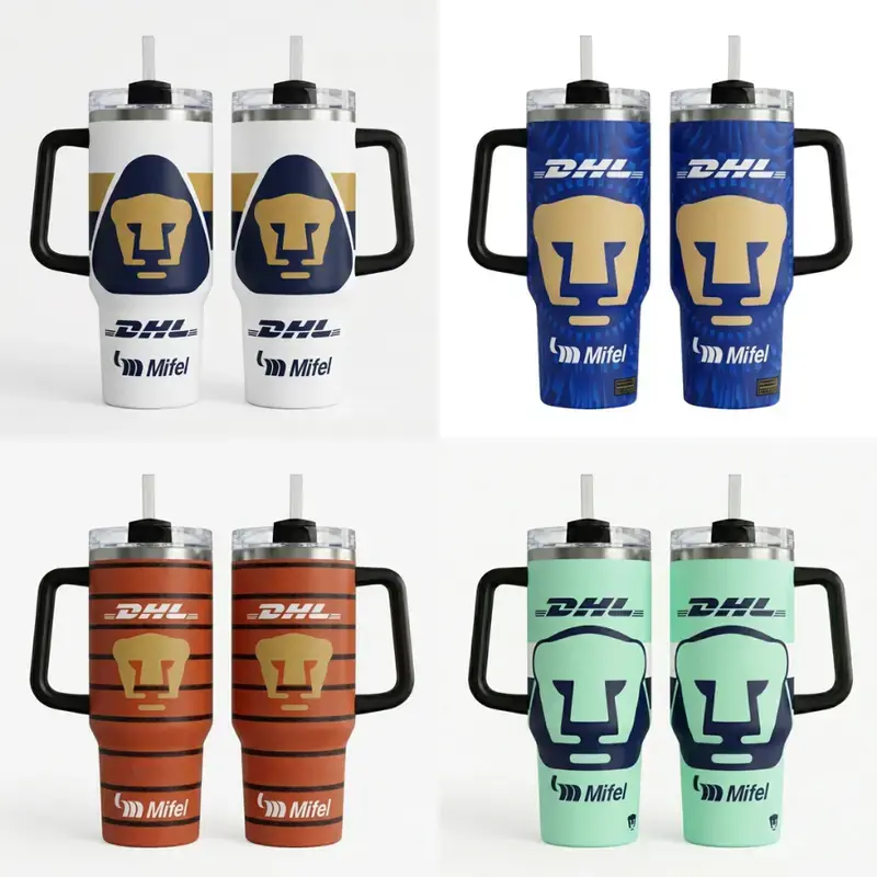 [Gift box and straw] Pumas UNAM Style Tumbler 30oz 40oz, Mexico Soccer Fan Travel Mug with Handle & Straw, Insulated Stainless Steel Cup, Hot Cold Drinkware Gift