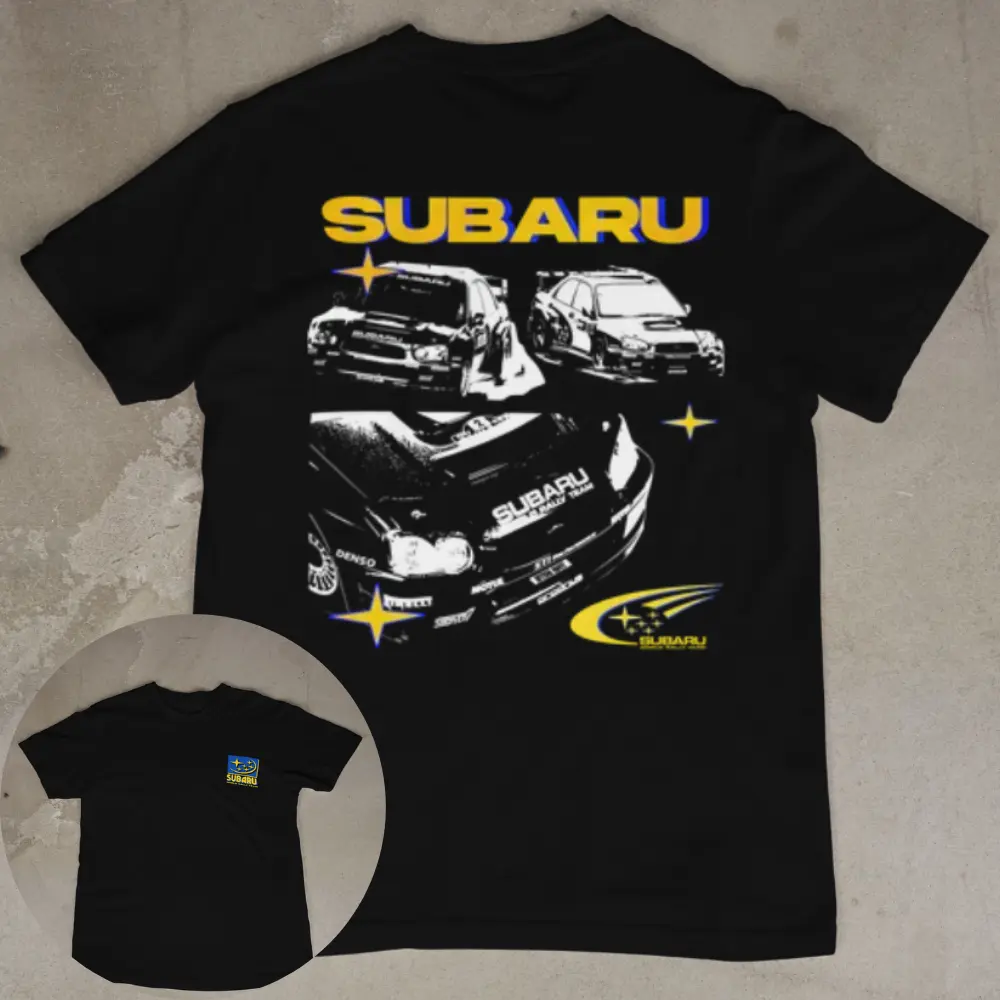 Subaru Rally Car Shirt, Subaru WRX STI T-Shirt, JDM Racing Tee, Subaru Impreza WRX Shirt, World Rally Team Subaru Tee, Subaru Enthusiast Gift, Rally Racing Apparel, Front and Back Print Unisex T-Shirt