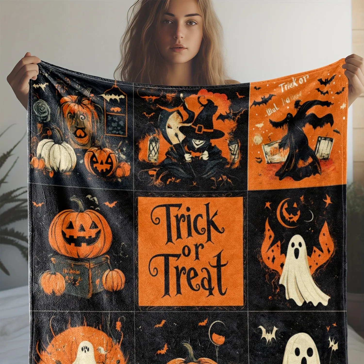 Vintage Trick or Treat Halloween Fleece Blanket, Retro Pumpkin Witch Ghost Black Checkered Patchwork Throw Blanket, Soft Warm Flannel Cozy Blanket for Sofa Couch Bed Halloween Fall Home Decor campingessentials