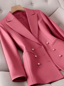 A women's peach-colored half-single-breasted pearl double-pocket Collared suit jacket with a regular shoulder top, Elegant Chic, suitable for spring and autumn suitable for daily commuting, home wear, and light business.