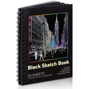 50 Sheets Black Paper Sketchbook 108 lb/160gsm Heavyweight Black Sketch Pad 5.5×8.5in Acid-Free Drawing Paper Spiral Bound Sketch Book for Kids Teens Artist