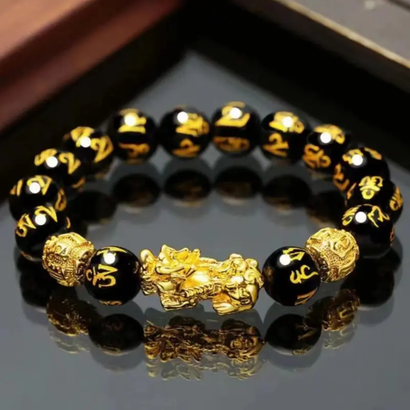 Unisex Black Obsidian Feng Shui Alloy Animal Exquisite Trendy High Quality Bracelet - Gold Pi Xiu Handcarved Beads, Mantra Bead Detail, One-Size Elastic, Wipe-Clean in Water, Protection Amulet, Casual Costume Jewelry for Anniversary Gifting