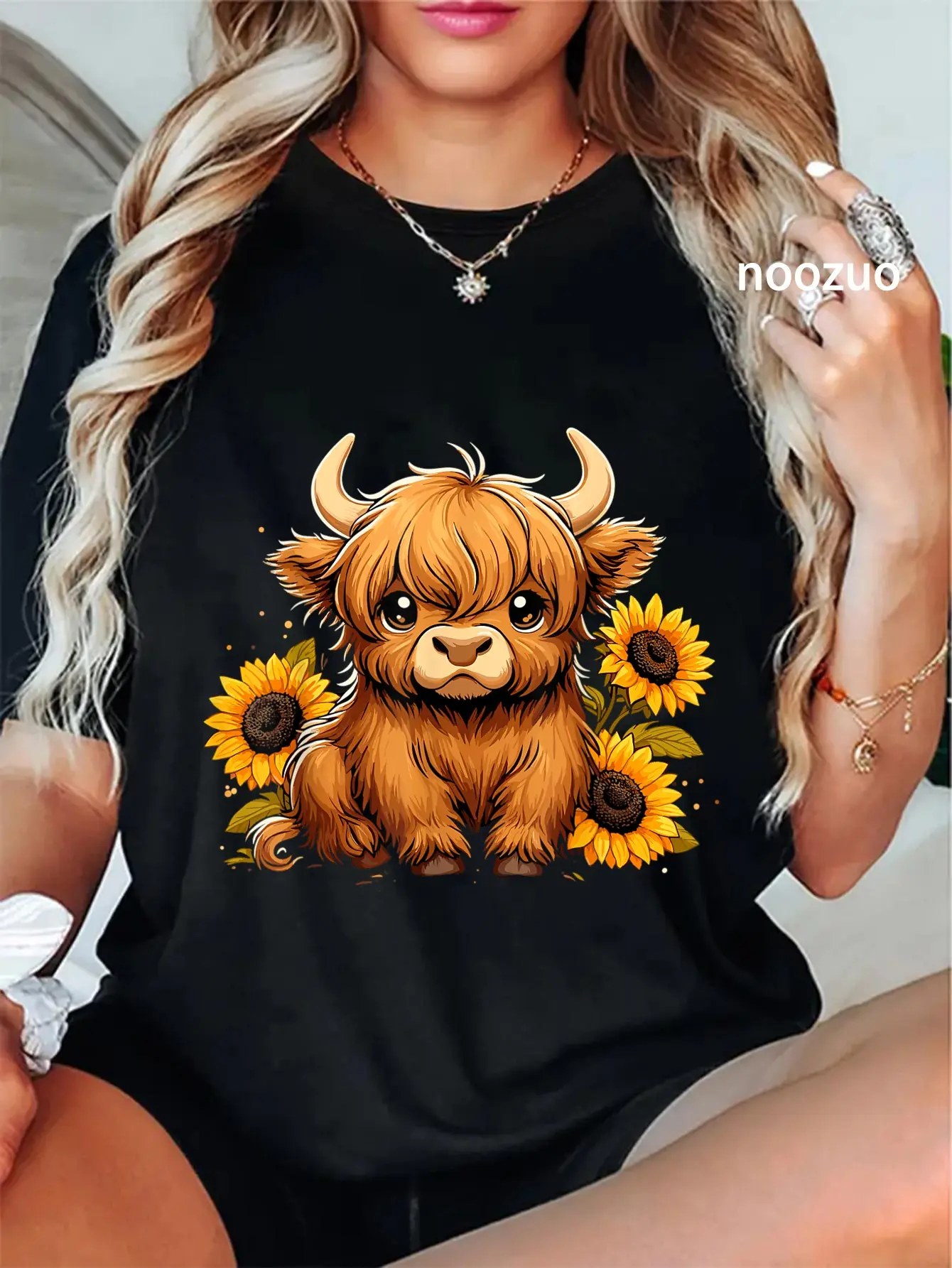 Women's Casual 100% Cotton Graphic T-Shirt - Vintage Highland Cow, Sunflower Print, Unisex Everyday Tops