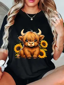 100% Cotton Unisex Sunflower Highland Cow Farm T-Shirt