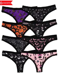 Morvia Sexy Cute Gothic Halloween Women Contrast Lace Thongs, Allover Print Comfy Fit Everyday Intimates Panties, Women's Underwear & Lingerie