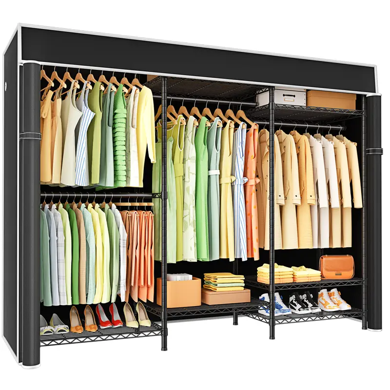 Ulif Heavy-Duty Freestanding Wardrobe Cabinet - Portable Closet with 4-Rod Hang Setup, Dustproof Cover, Adjustable Hanging Storage Organizer, 63"W x16"D x77"H, 960 lbs Built-to-Last Capacity, Black Storage Furniture for Small Spaces