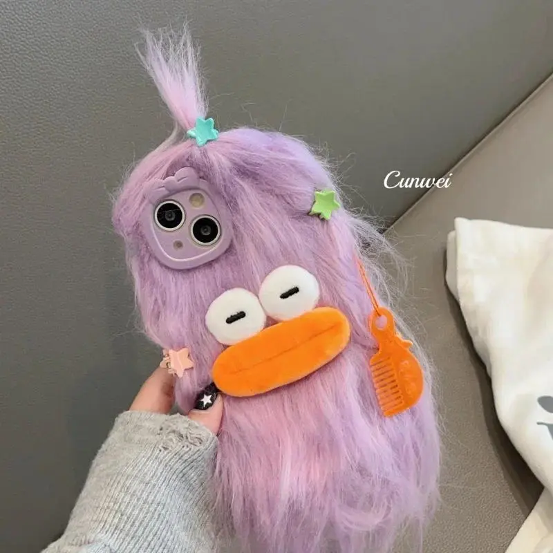 Korean Funny Fluffy Plush Monster Case For iPhone 17 Pro Max Case 16 15 14  13 12 11 Cute Girl Winter Warm Cover Fur Soft Coque