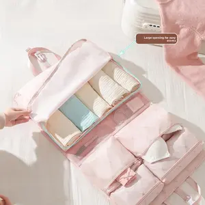 7-in-1 Travel Storage Bag, Foldable Hanging Packing Cube with Compartments for Clothes,,Large Capacity Clothing Washing Cosmetics Storage Bag Pink