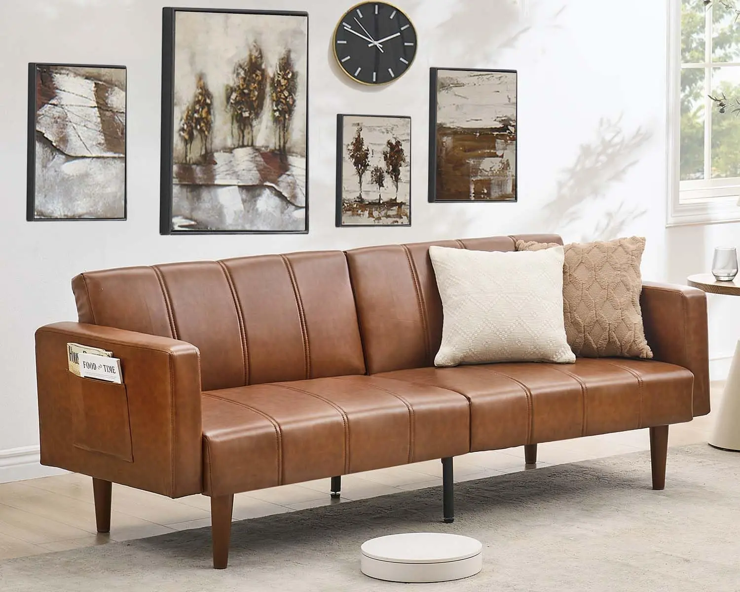 75-Inch Mid-Century PU Leather Convertible Futon Modern Sleeper Sofa Bed - Sturdy Upholstered Soft Couch Recliner Loveseat with Adjustable Backrest, Side Pockets, Metal Frame for Living Room, Office, Two-Person Assembly In Under 20 Minutes