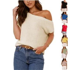 Tanming Women's FallFreshness Off Shoulder Sweater Y2K Short Sleeve Ribbed Knit Pullover Date Night Top Blouse Asymmetrical Neckline Soft Knitwear Basic Chic Trendy Nylon Material