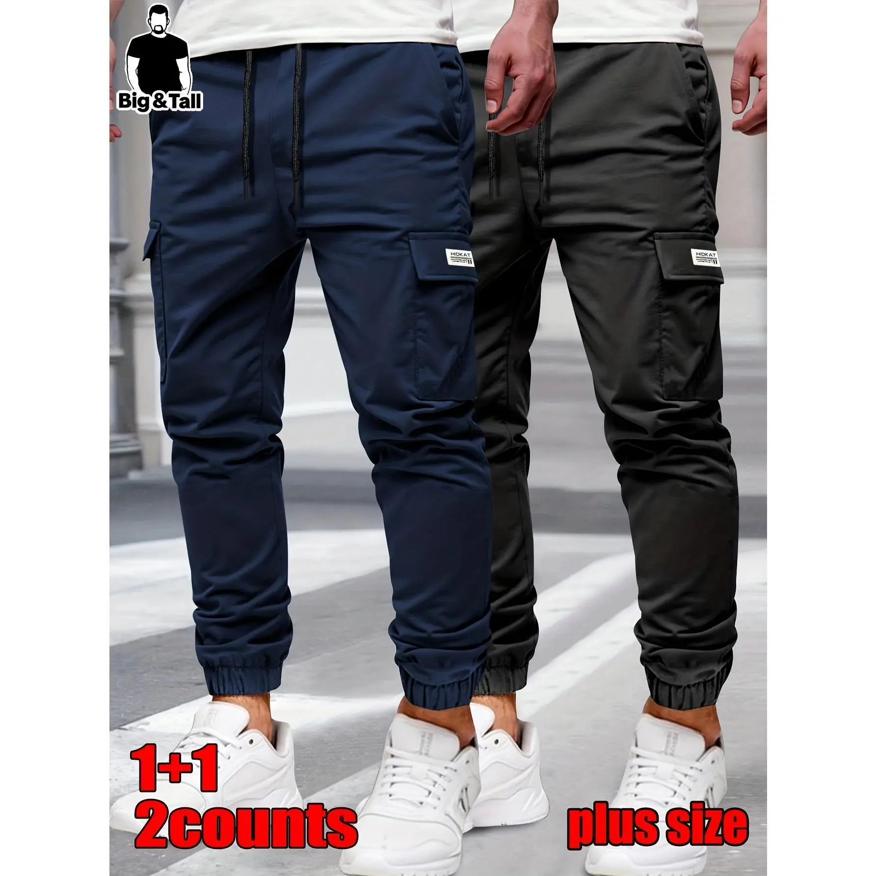 Men's Plus Size 2-Pack Sporty Cargo Joggers, Universal Relaxed Cut Loose Fit Lightweight Nylon-Cotton Blend Pants with Drawstring Waist, Cargo-Utility Side Pockets, Breathable Quick-Dry, Dry Clean, 1XL-3XL, for Travel, Sporty Chic