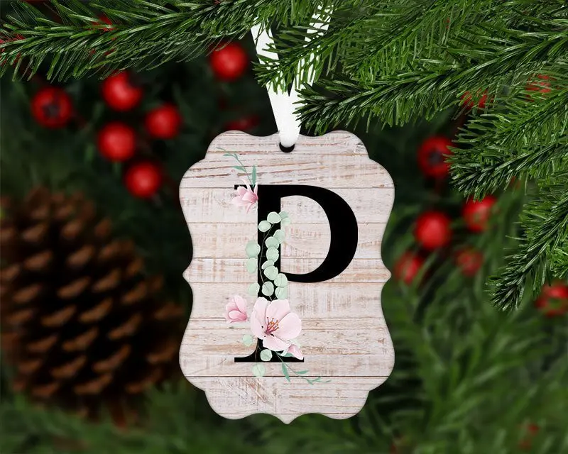 Custom Initial Christmas Ornament - Aluminum Gift Decor with Pine Branch and Decorative Elements