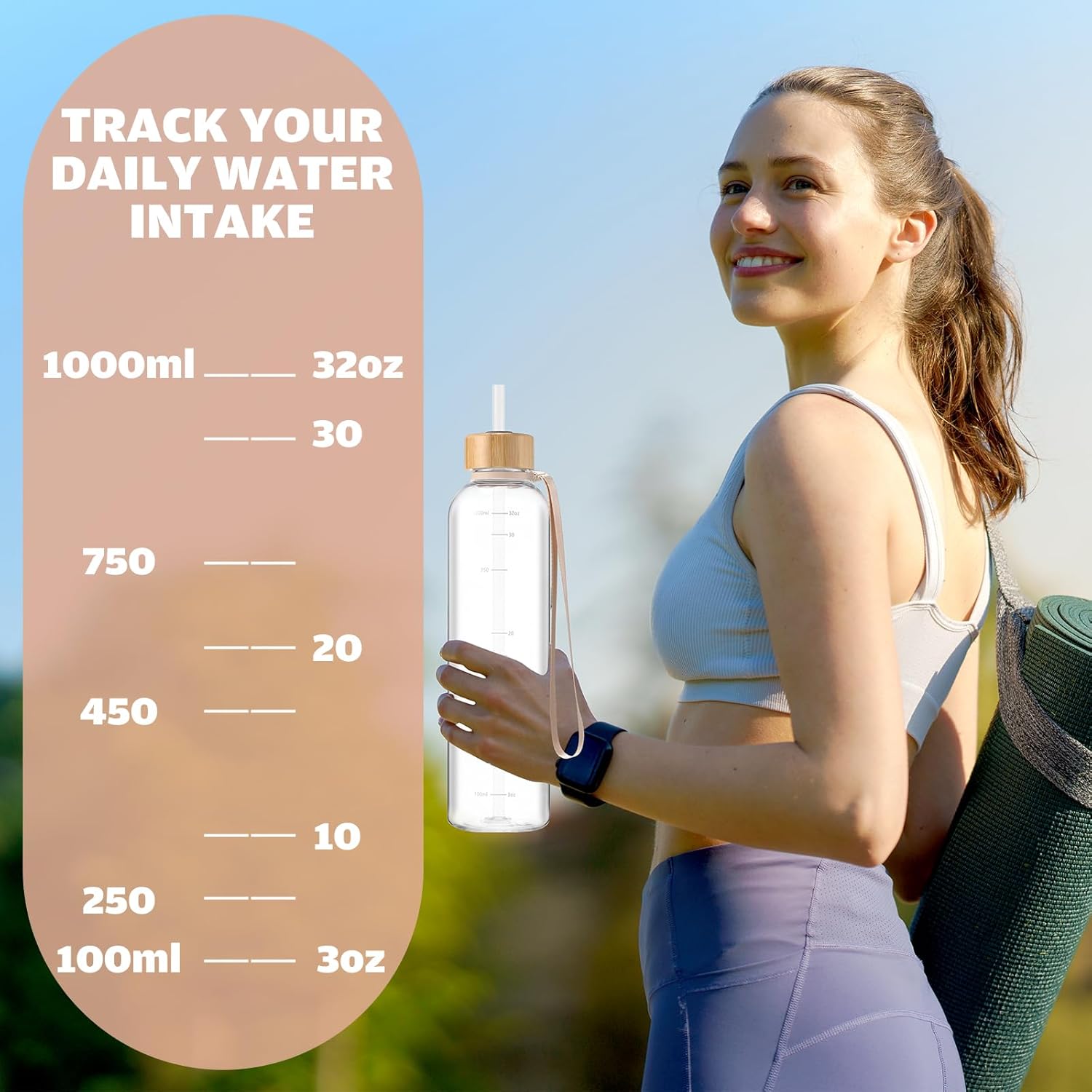 1 Pcs Slim 32oz/1L Water Bottle with Dual Lids Motivational Tracking Reminder BPA-Free Stainless Steel & Bamboo Straw Lid for Travel Sports School Gym Clear Drinkware Cup